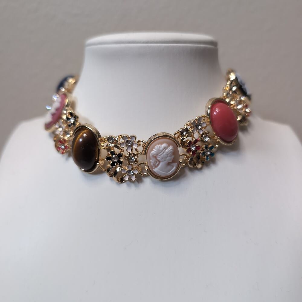 Multi-Color Cameo & Cabochon Floral Statement Necklace - Women Jewelry